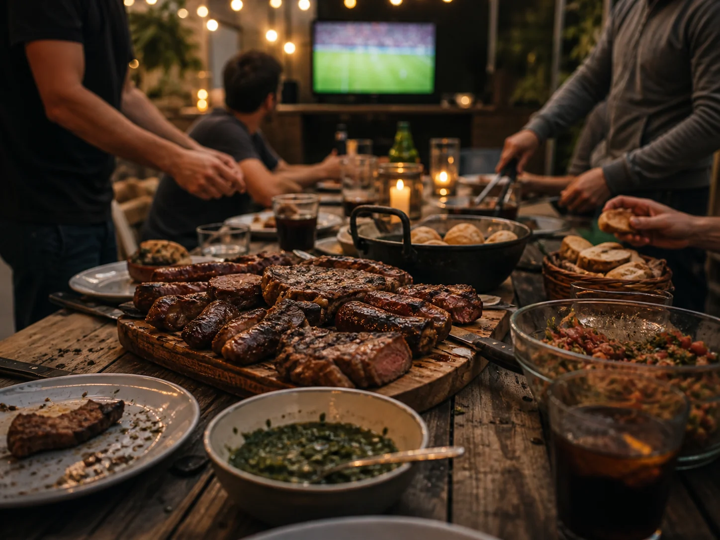 Table prepared to watch a match and share asado